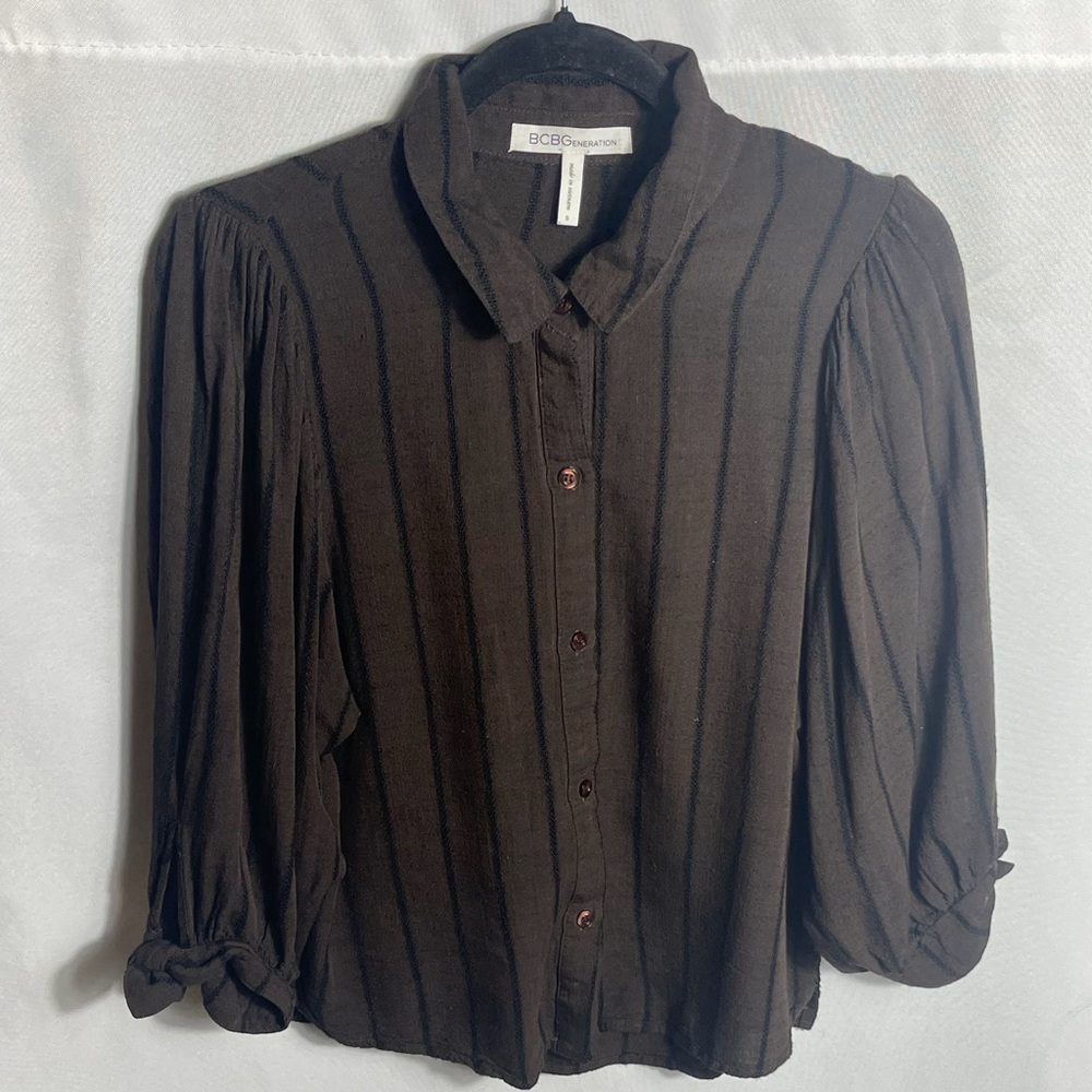 BCBGeneration Sheer Brown Striped Button Front Blouse Puff Sleeve Small
